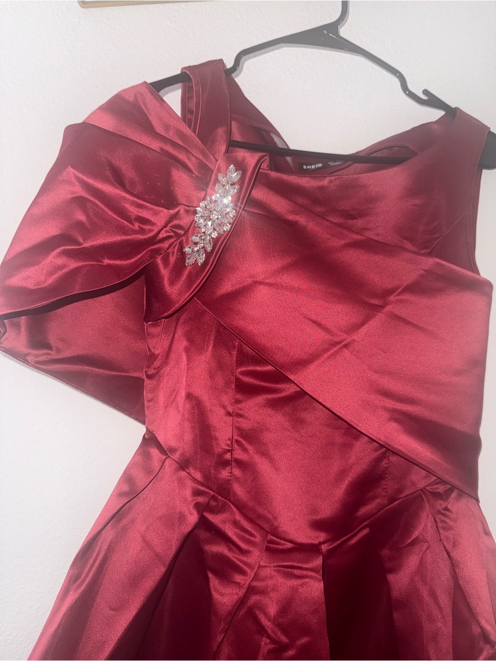 Satin Burgundy One-Shoulder Maxi Dress with Crystal Accent